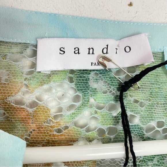 Sandro Tie Dye Shirt Womens Size Small 1 Tee Top Blouse Blue Linen Lace Paris - Picture 14 of 15